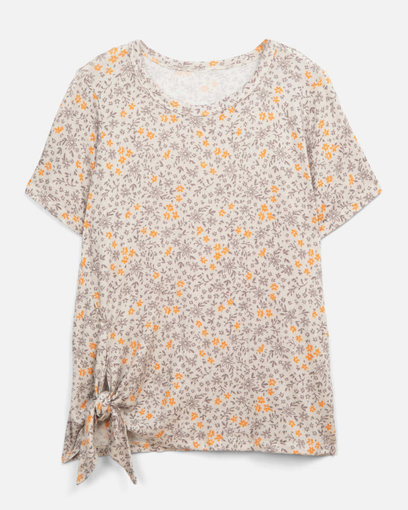 Front of a size 1X Jaylene Side Tie Shortsleeve Tee in Beige / Orange by Bobeau. | dia_product_style_image_id:209402